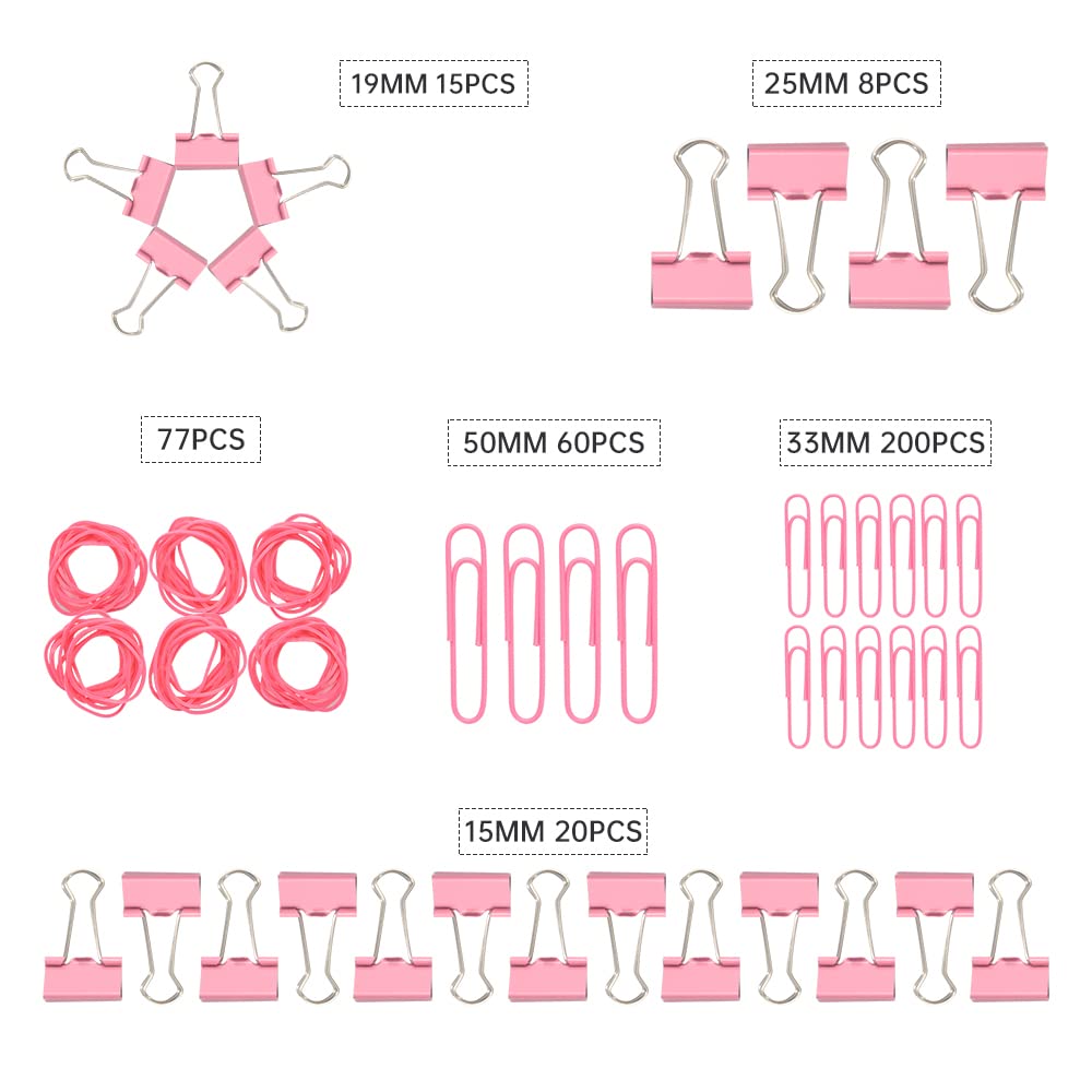 DANRONG Pink Binder Clips Paper Clips,380 PCS Assorted Sizes Paperclips