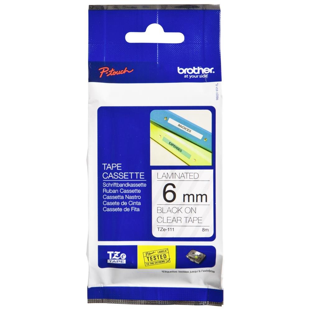 Brother TZe-111 Labelling Tape Cassette, Black on Clear, 6 mm (W) x 8 m (L), Laminated, Brother