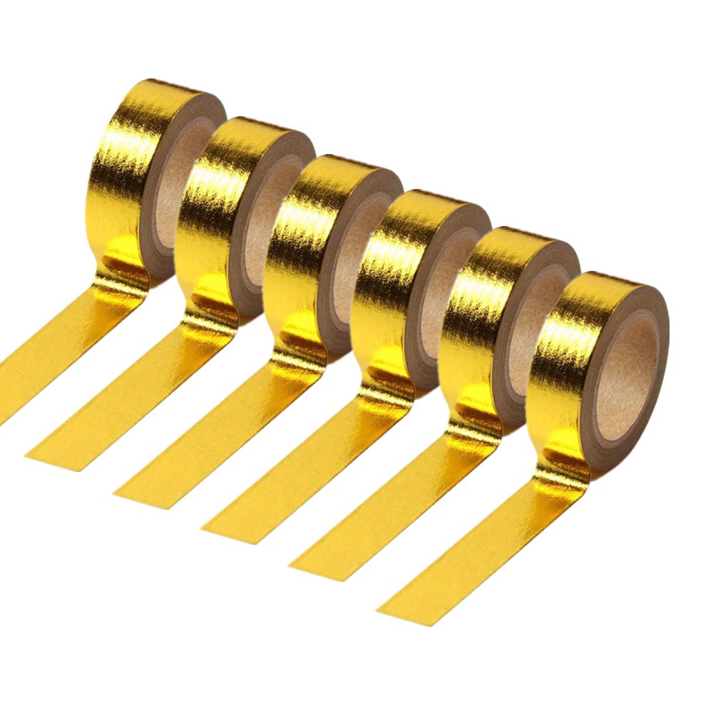6 Rolls Solid Yellow Gold Foil Washi Tape Set 15mm x 10m Length Gilding Stamping Paper Adhesive