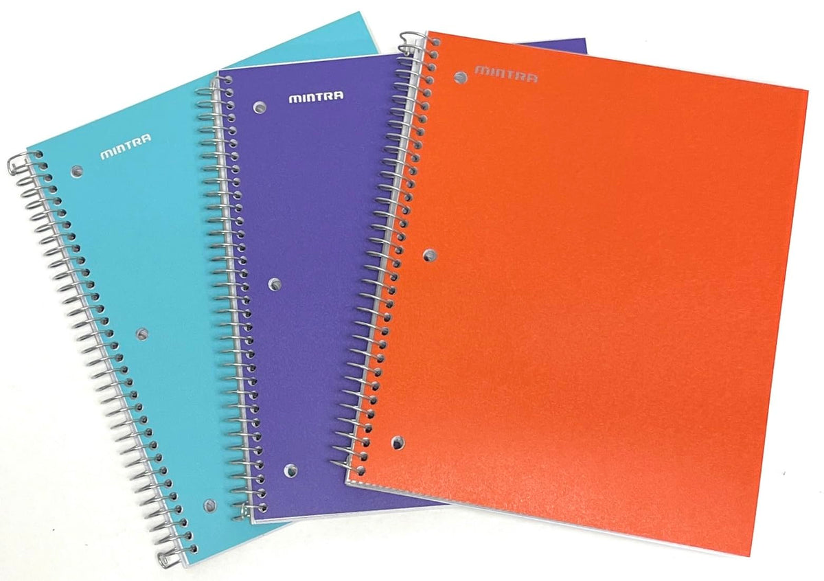Mintra Office Durable Spiral Notebooks, 3 Subject (Teal, Purple, Orange, Wide Ruled 3pk)