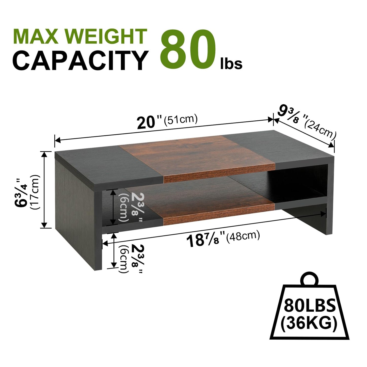 TEAMIX 20 inch Monitor Riser Stand - 2 Tiers, Wood Morden Desktop Bookshelf