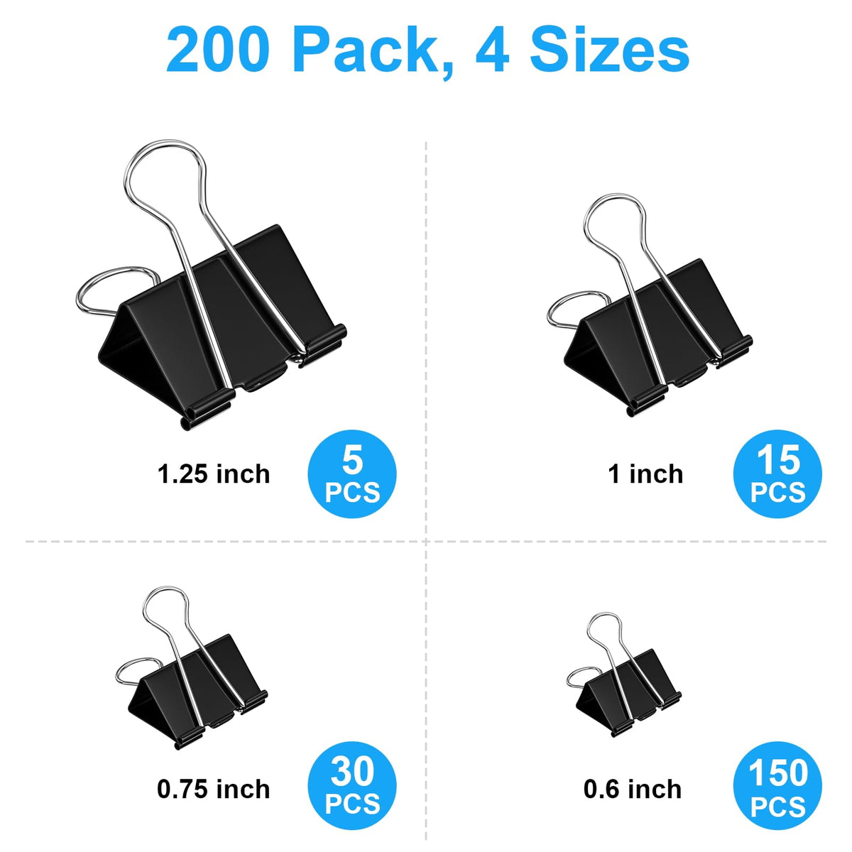 200 Count Binder Clips Assorted Sizes, 4 Sizes Large, Medium, Small, Mini, Metal Paper Clamps, Bulk