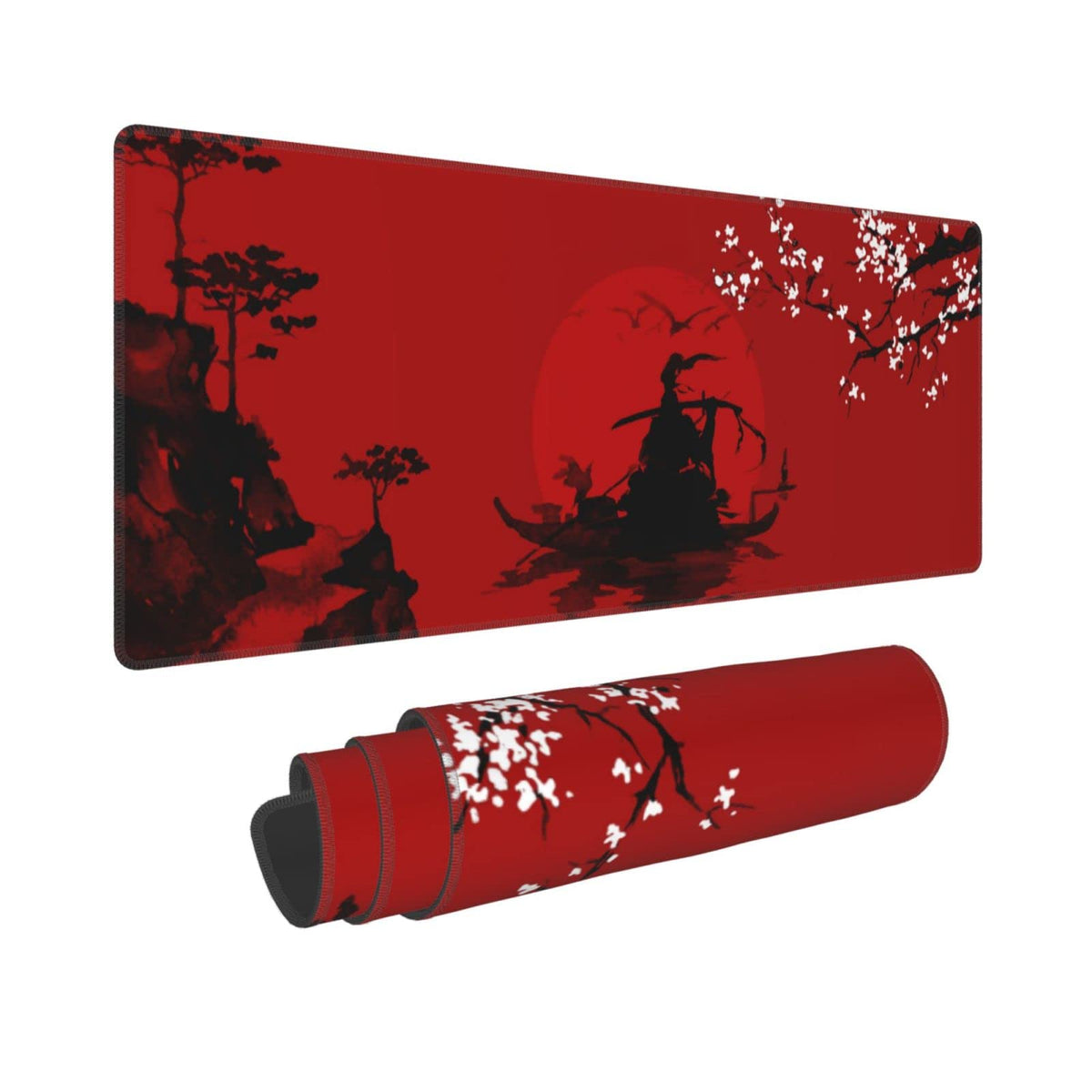 Japanese Cherry Blossom Samurai Black Red XXL XL Large Gaming Mouse Pad for Desk, Non-Slip Long