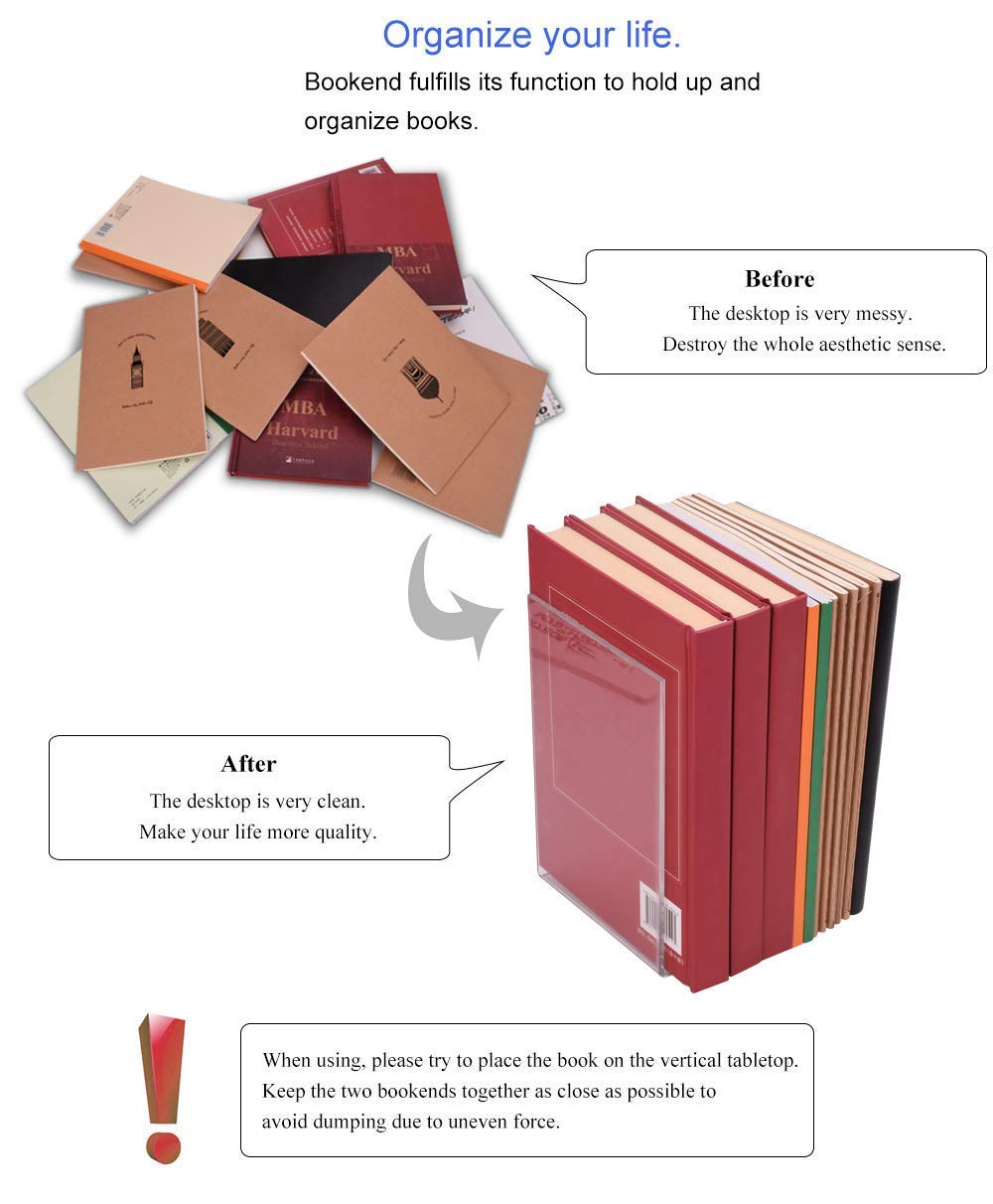 MerryNine Clear Acrylic Book Ends Bookends for Shelves