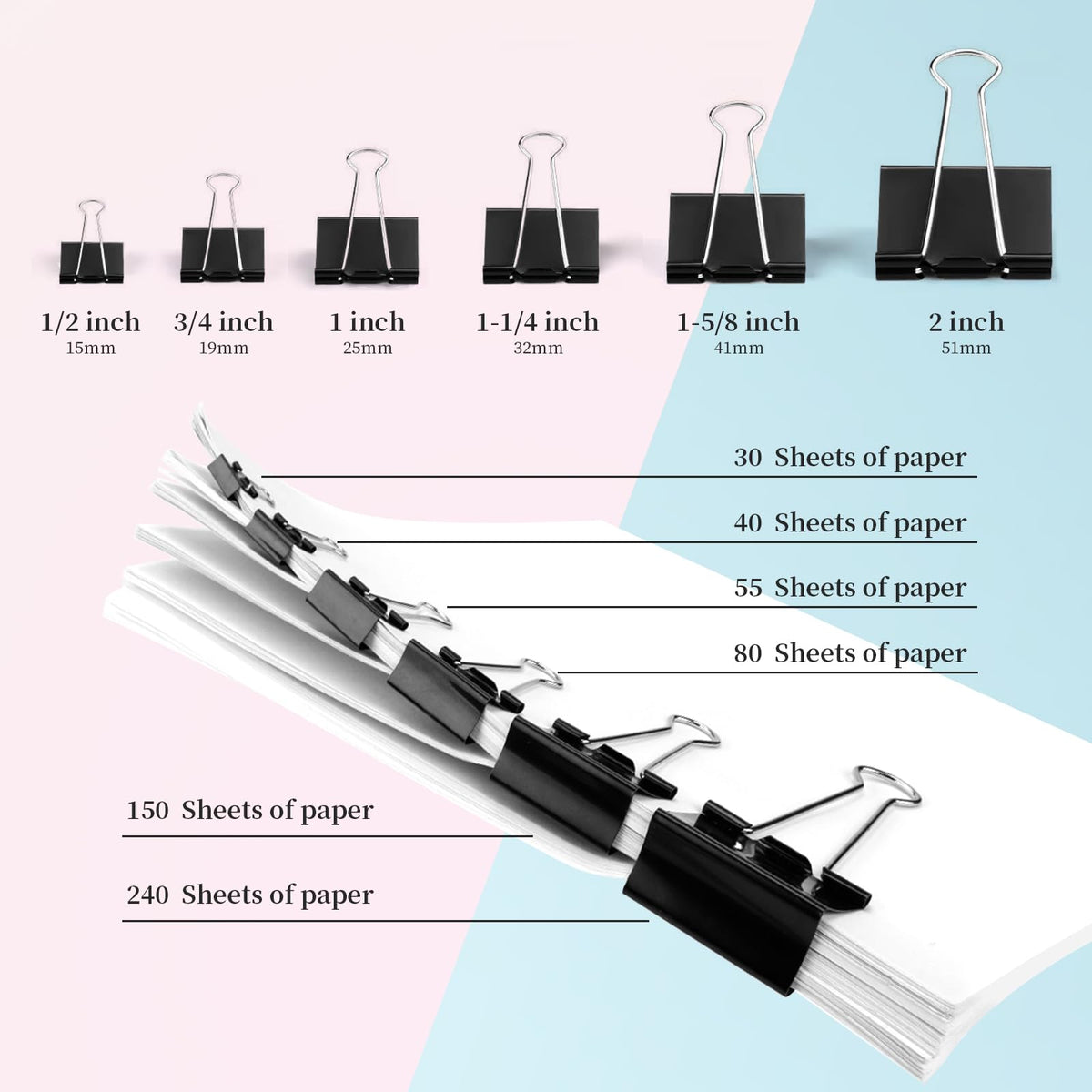 Medium Binder Clips, 36 Pack, 1-1/4 Inch, 1.25 Inch, Standard 32mm, Black, Capacity 0.6 Inch, Fold
