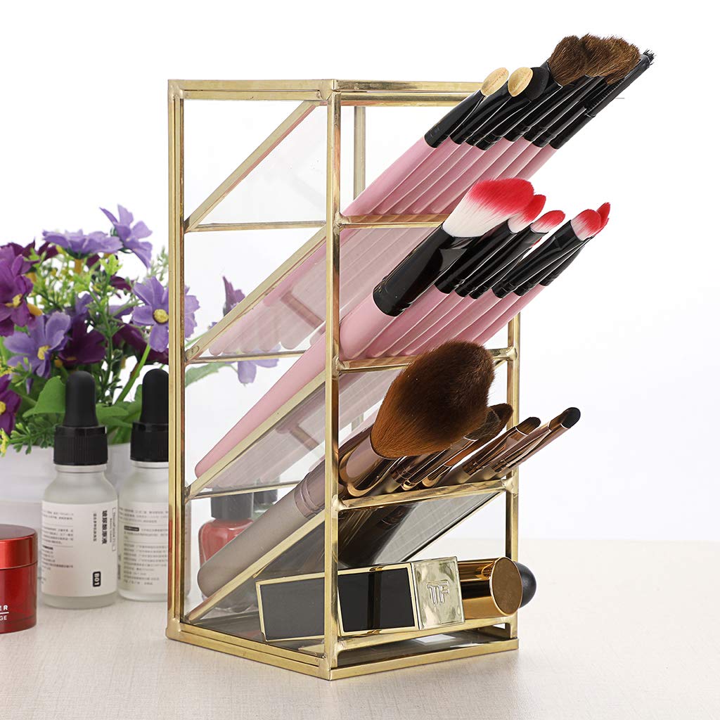 Hipiwe Gold Makeup Brush Holder - 4 Slots Glass Pen Pencil Organizer