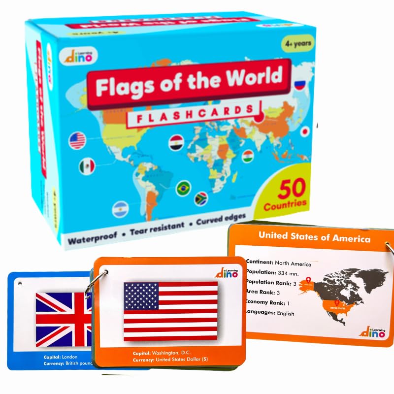 Flags of The World Flashcards | Covers 50 Countries with Country Flag, Map, Economy, Language