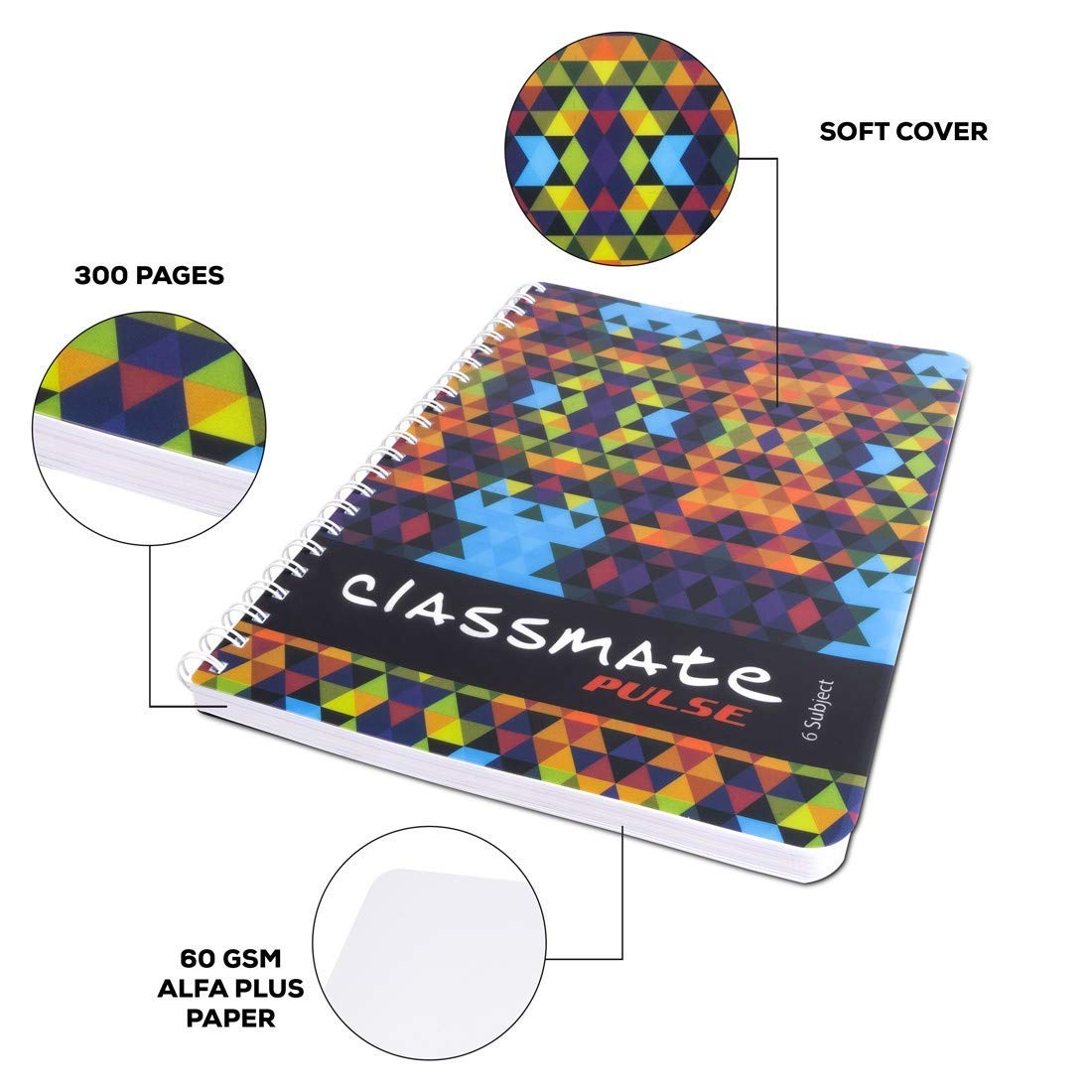 Classmate Soft Cover 6 Subject Spiral Binding Notebook, Unruled, 300 Pages