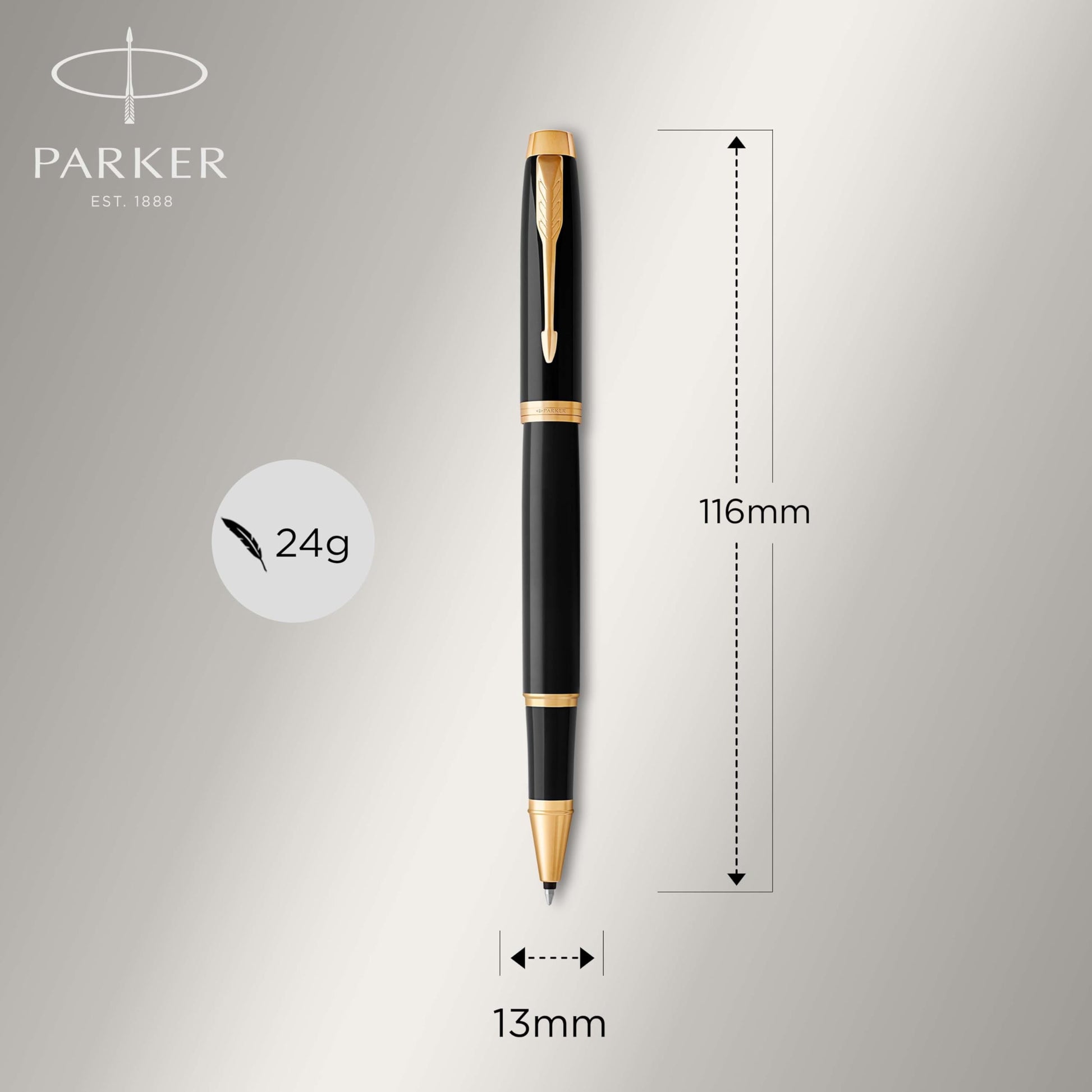 PARKER IM Rollerball Pen, Black Lacquer Gold Trim with Fine Point Black Ink Refill, Gift Box
