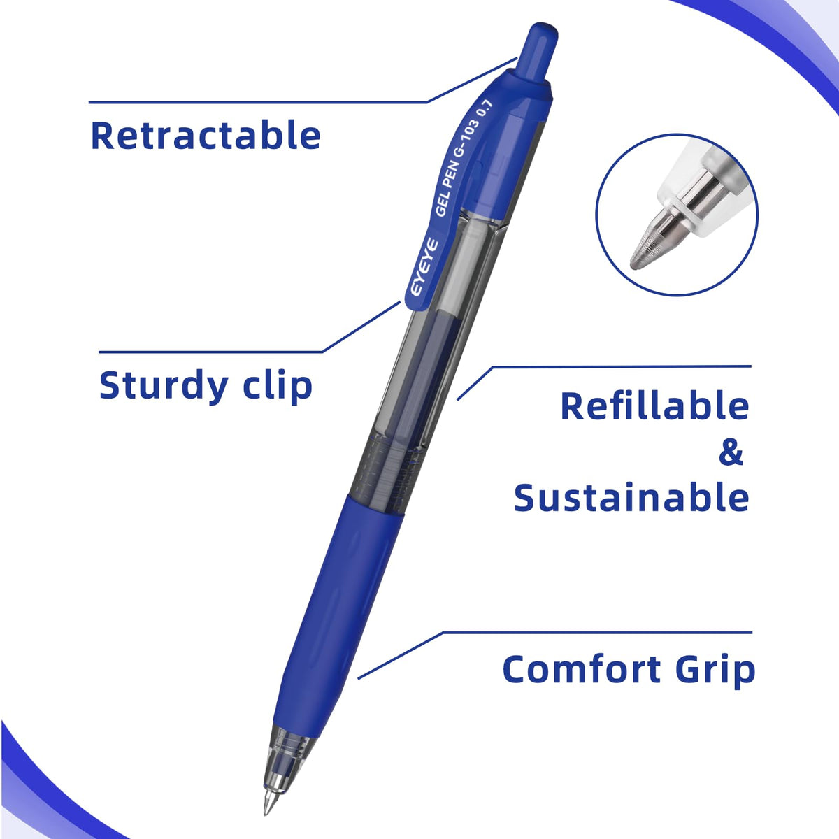 EYEYE G-103 Retractable Gel Pens 0.7mm, 50 Pack 0.7 mm Blue Ink Medium Point Ballpoint Pen Quick