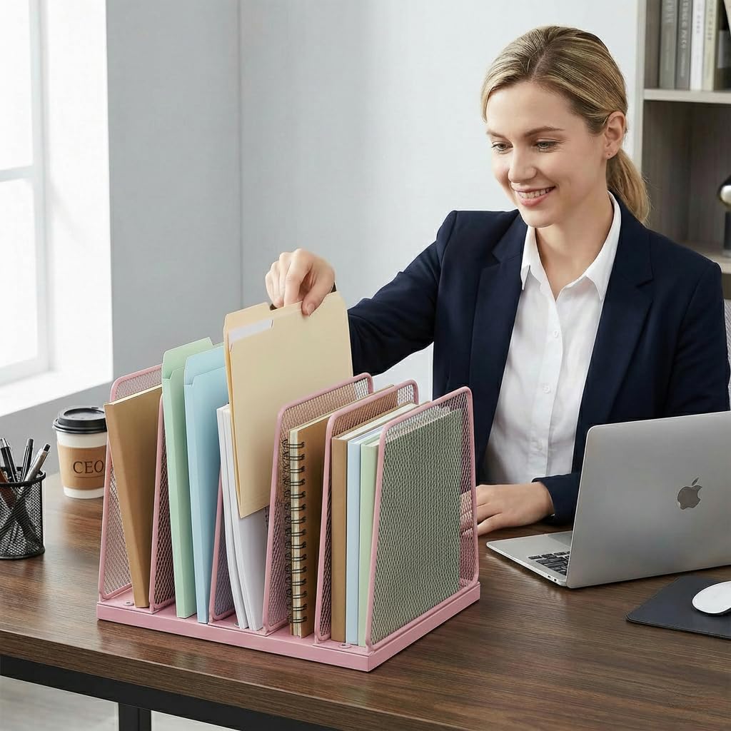 Becomrock 5-Section Vertical File Organizer for Desk, Sturdy Wood Base & Metal Mesh Desktop File