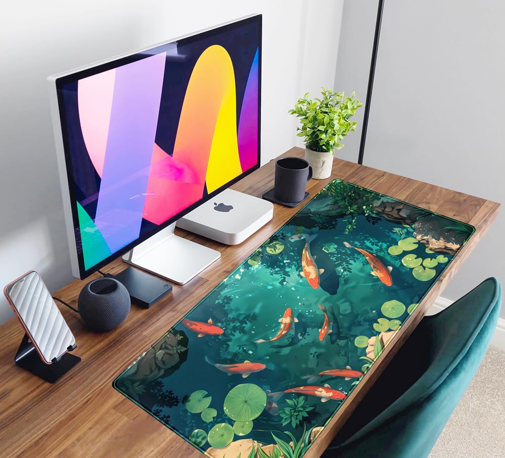 Koi Fish Desk Mat Gaming Koi Pond Desk Pad Large Cute Mouse Pad, Goldfish Mouse Mat XXL Laptop