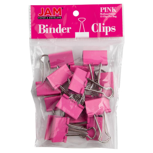 JAM PAPER Colorful Binder Clips - Medium - 1 1/4 Inch (32 mm) - Pink Binderclips - 15/Pack