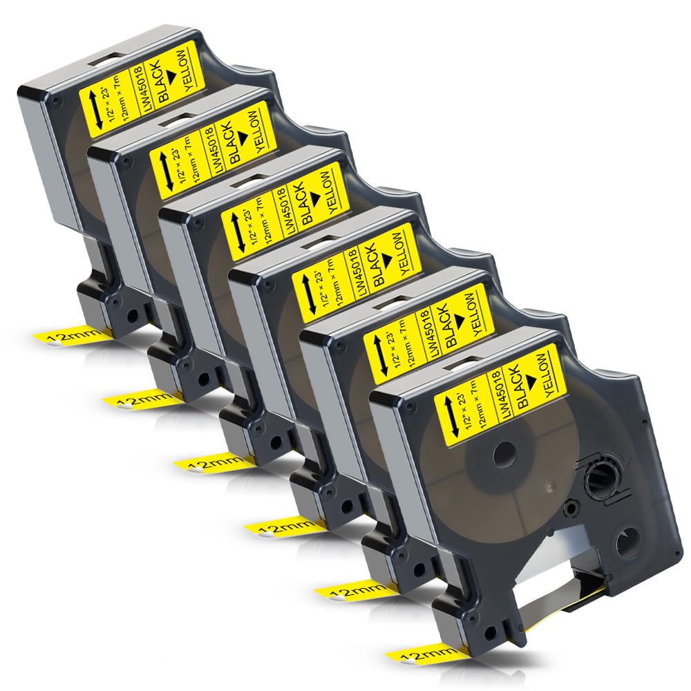 Labelwell 6-Pack Replacement for Dymo D1 Label Tape 1/2 Inch Black on