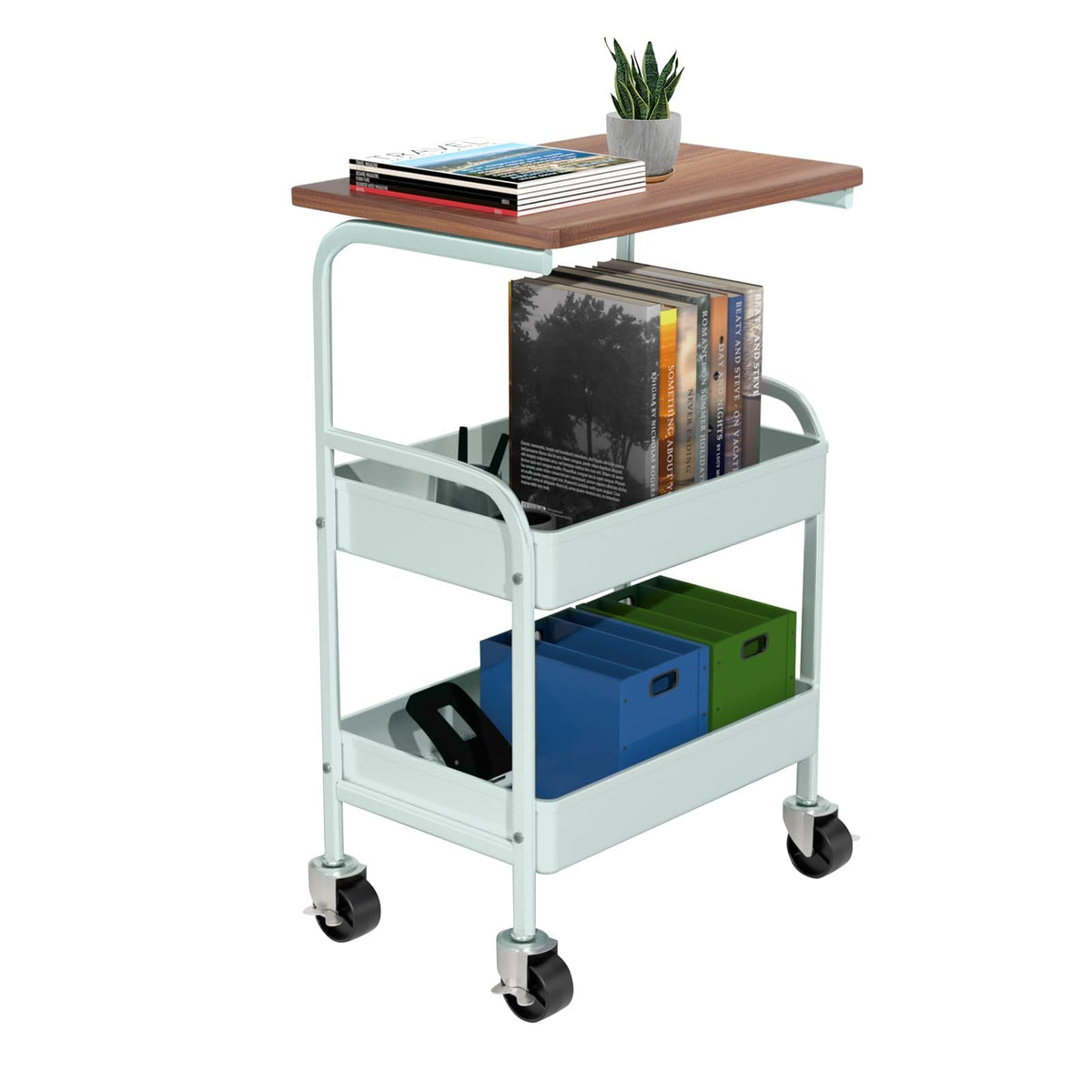 HIDODO Rolling Cart with Wooden Tabletop, 3 Tier Metal Utility Cart, Rolling Storage Organizer Cart