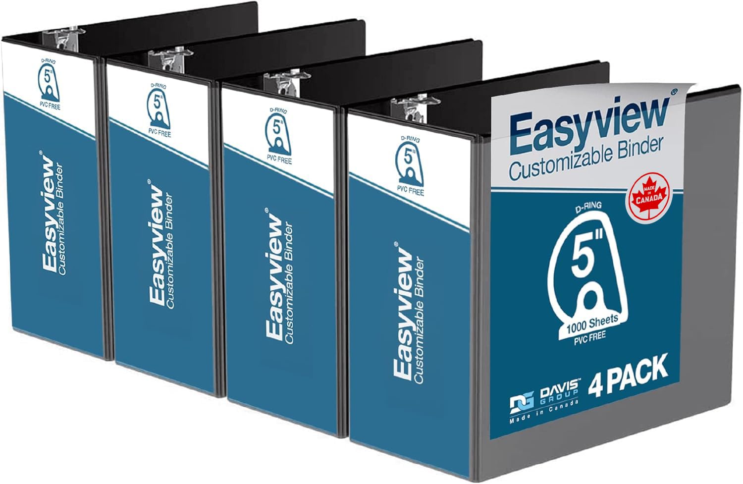 Easyview 3-Ring Binder, Clear-View Cover, 5" D Rings, Black, 4 Pack