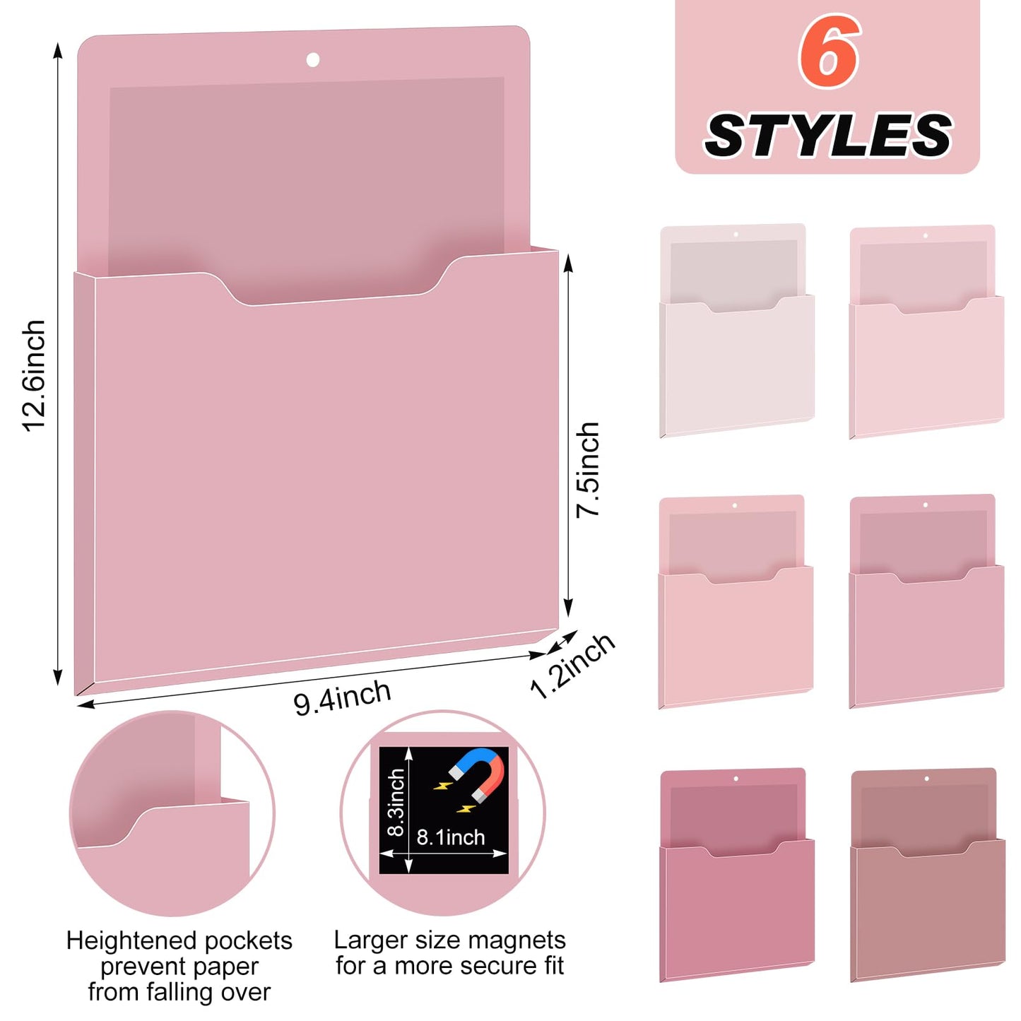 Fuutreo Magnetic Wall File Holder,6pcs,Rose Pink,Vertical-large