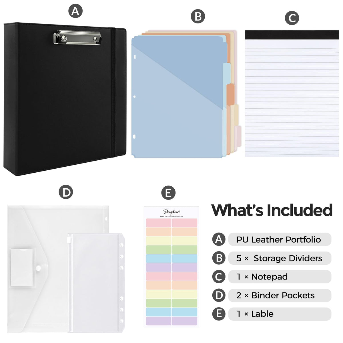 SKYDUE 3 Ring Binder with Clipboard, 2 Inch PU Heavy Duty Binder with Notepad & 5 Dividers with 5