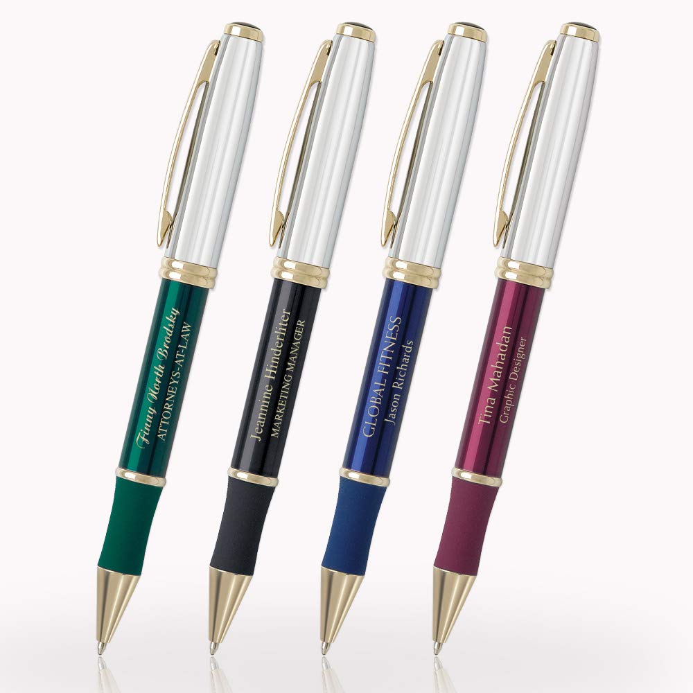 5 Custom Laser-Engraved Executive Metal Ballpoint Pens in Classic Green Color with Gold Tone