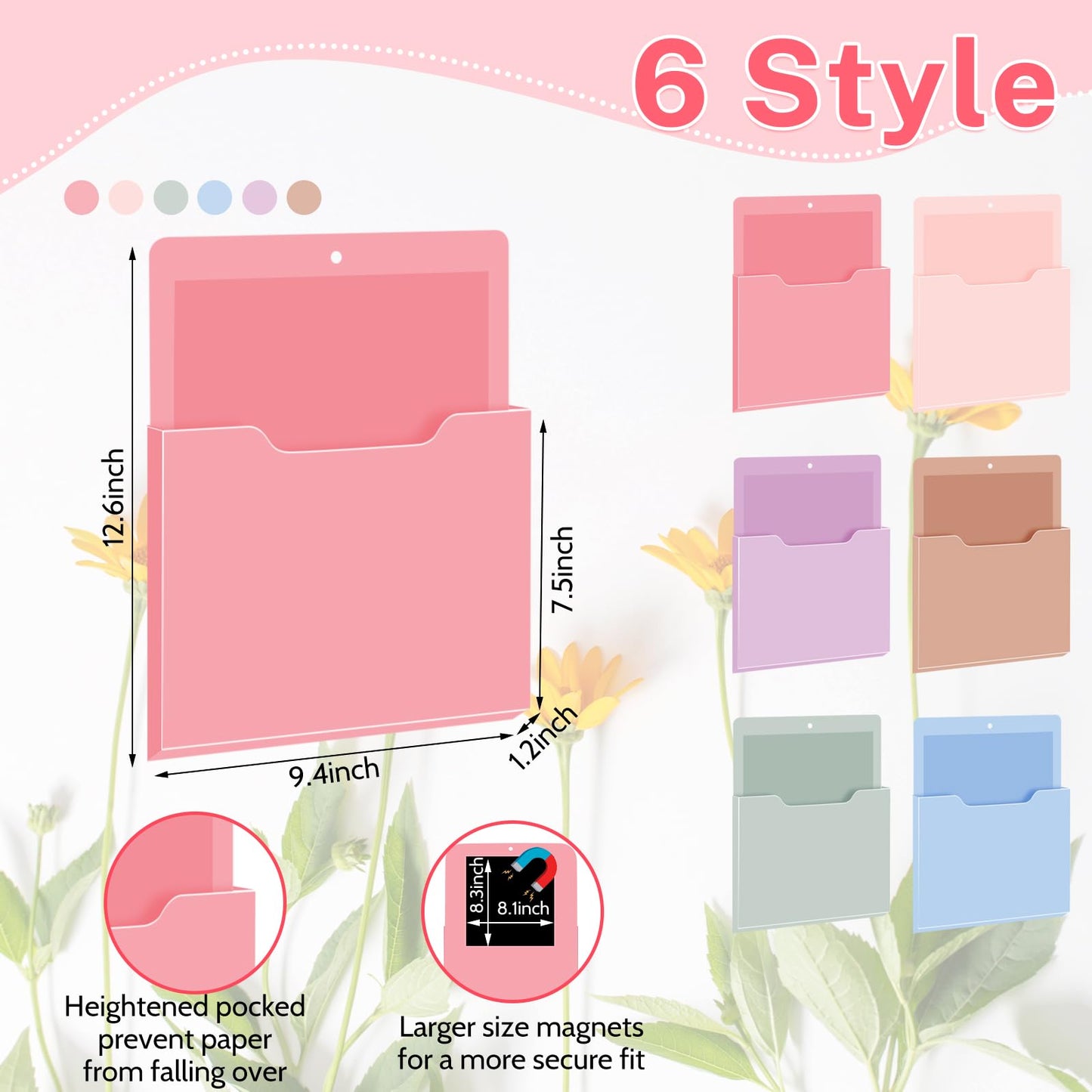 Fuutreo Magnetic Wall File Holder,6pcs,Aesthetic Color,Vertical-large