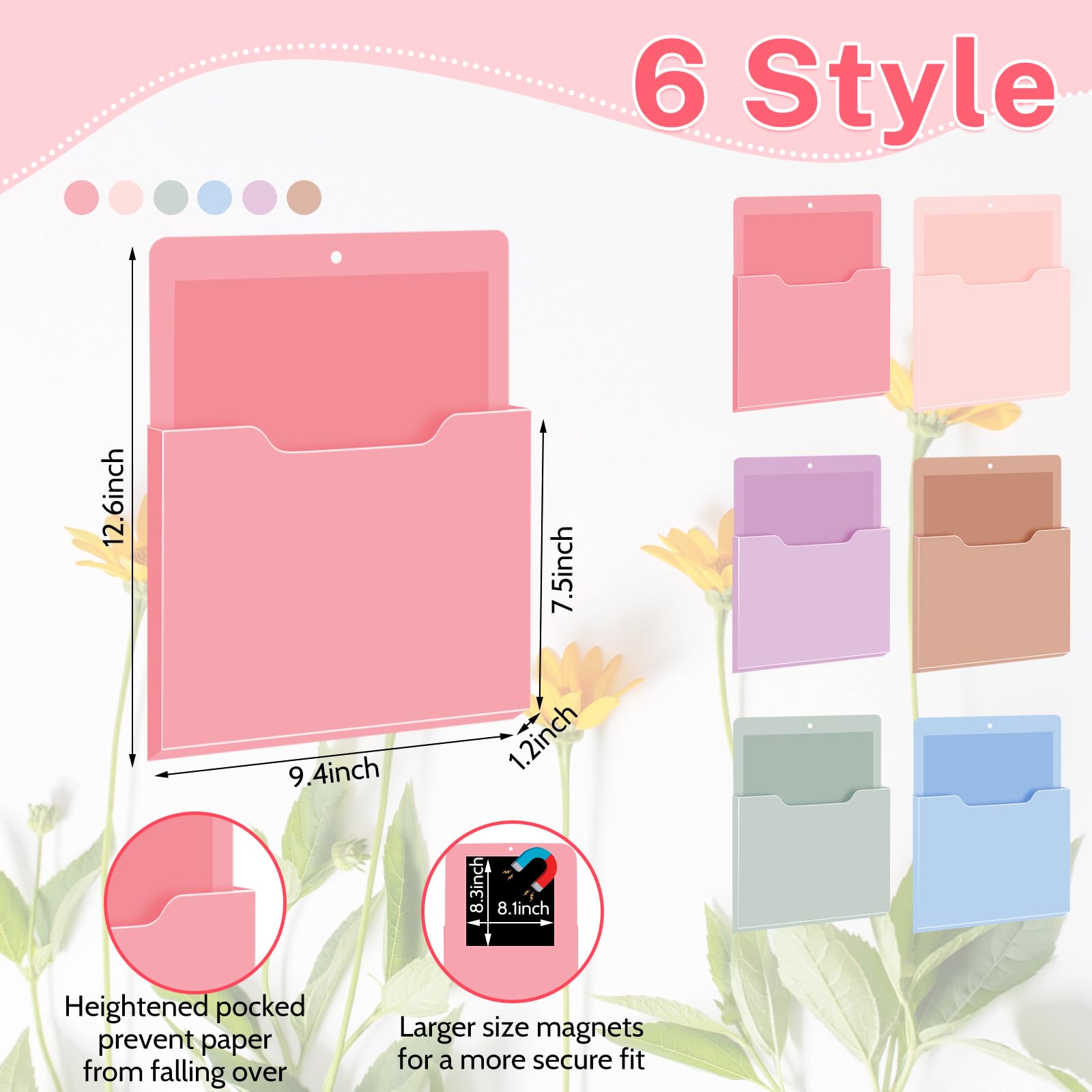 Fuutreo Magnetic Wall File Holder,6pcs,Aesthetic Color,Vertical-large