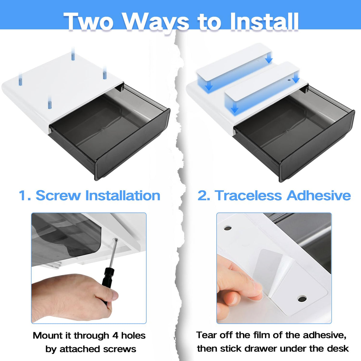 OSPNIEEK Self-adhesive Under Desk Drawer Organizer, 2 Pack Table Hidden Slide Out Large Storage