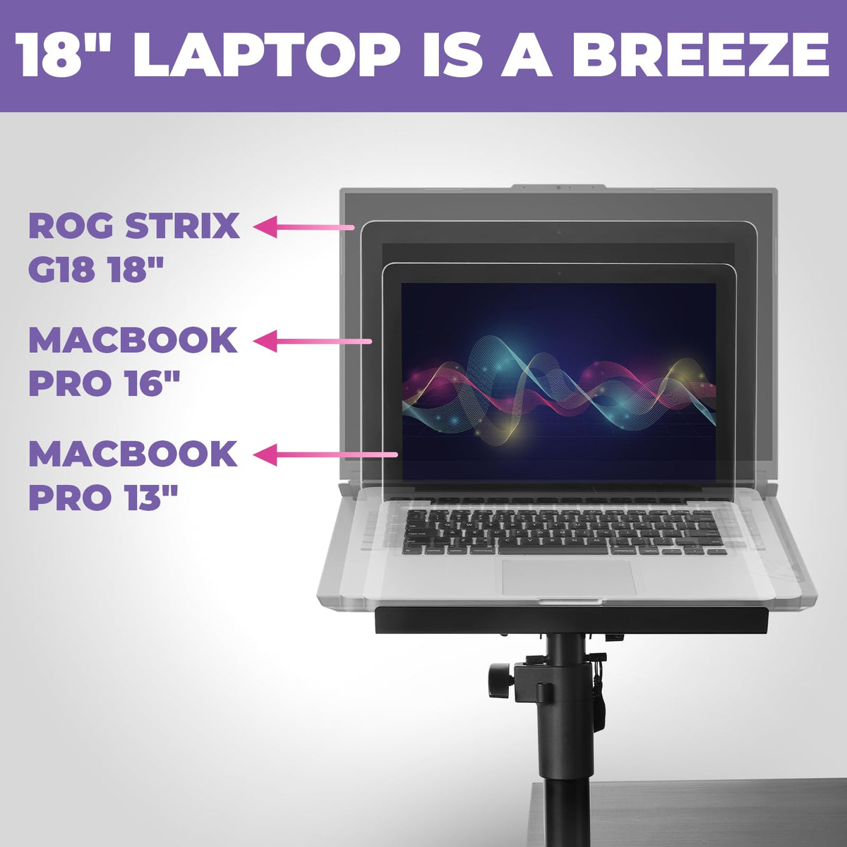 Liquid Stands Laptop Desk Mount for Piano, Keyboard & DJ Workstations - 9x12.5 Adjustable Laptop