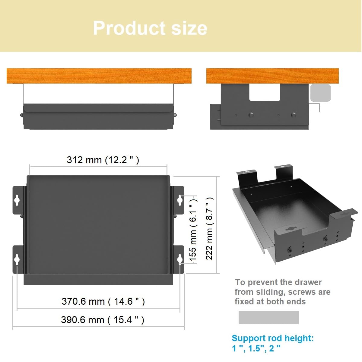 Beiyier Under Desk Sliding Drawer for Office Desk or Table, Pull-out Storage Organizer for