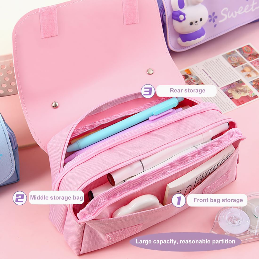 Pencil Case for Girls, Kids Large Capacity Cute Pencil Box with Compartments School Organizer Pen