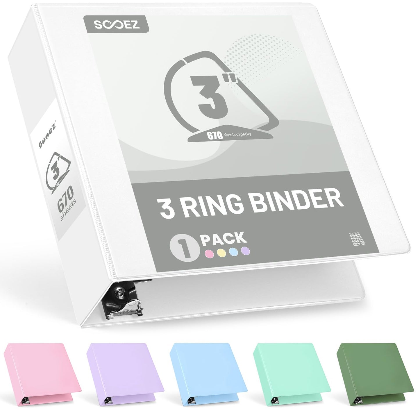 Sooez 3 Ring Binder 3 Inch, Large Binder with Pockets, White, Letter Size