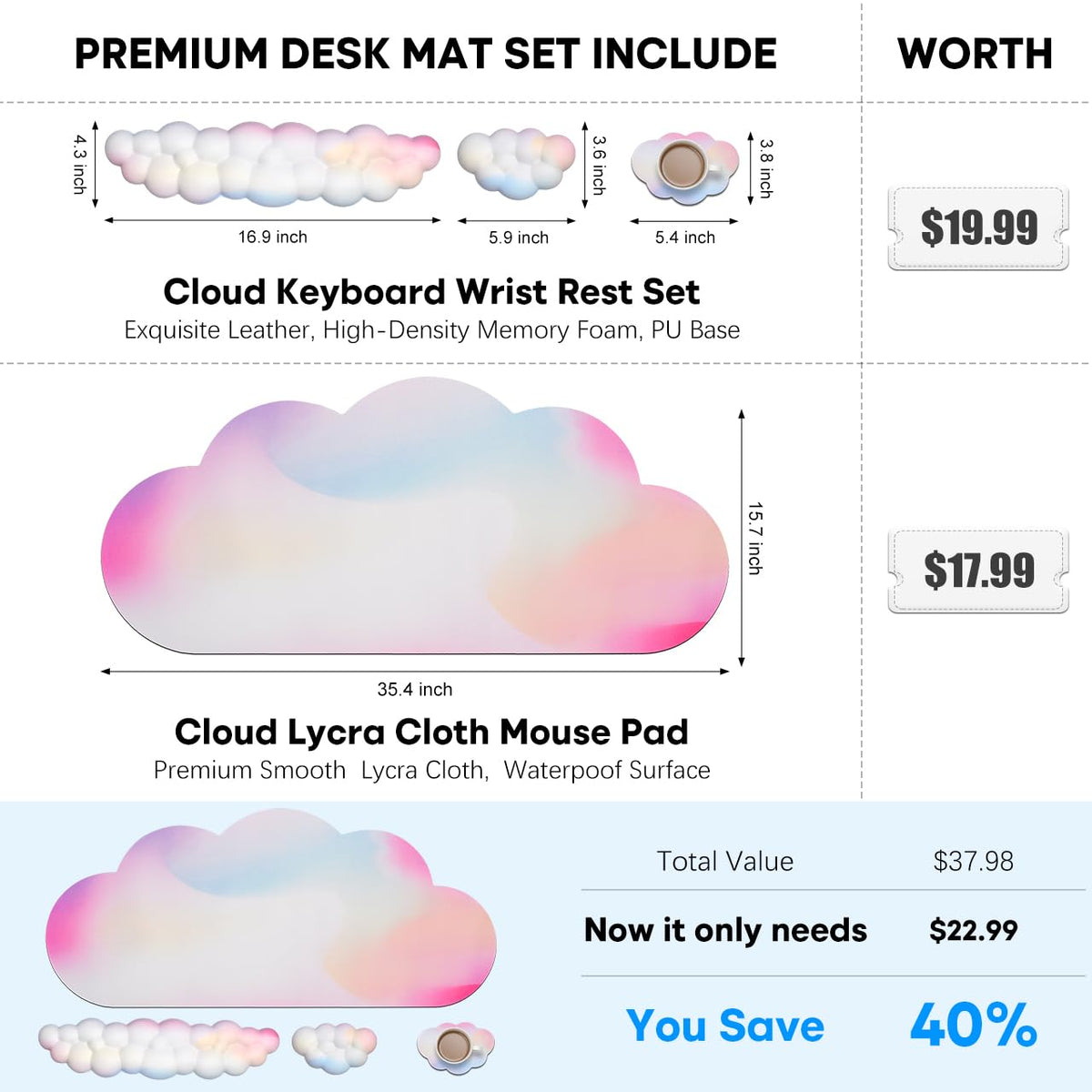 JIKIOU Ergonomic Keyboard Wrist Rest &Large Mouse Pad&Mouse Wrist & Cup Pad