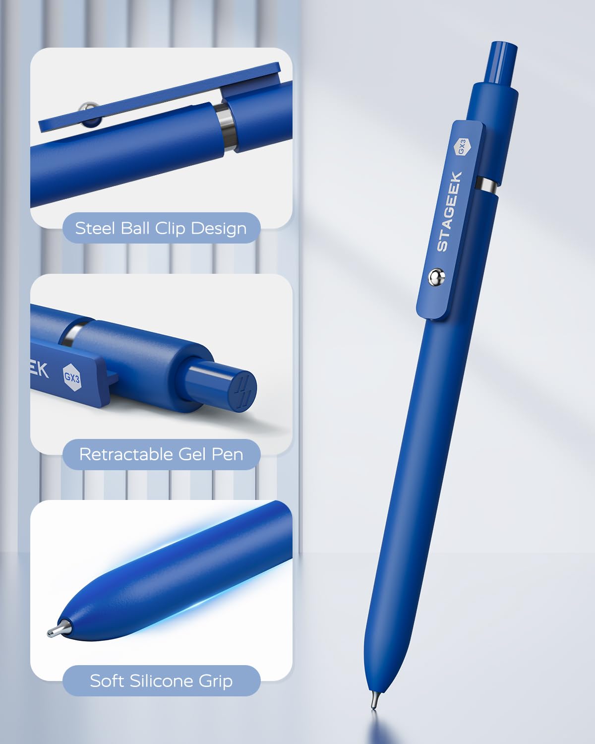 STAGEEK 12 Pcs GX3 Blue Gel Pens, Quick Dry Smooth Writing, with 3 Refills