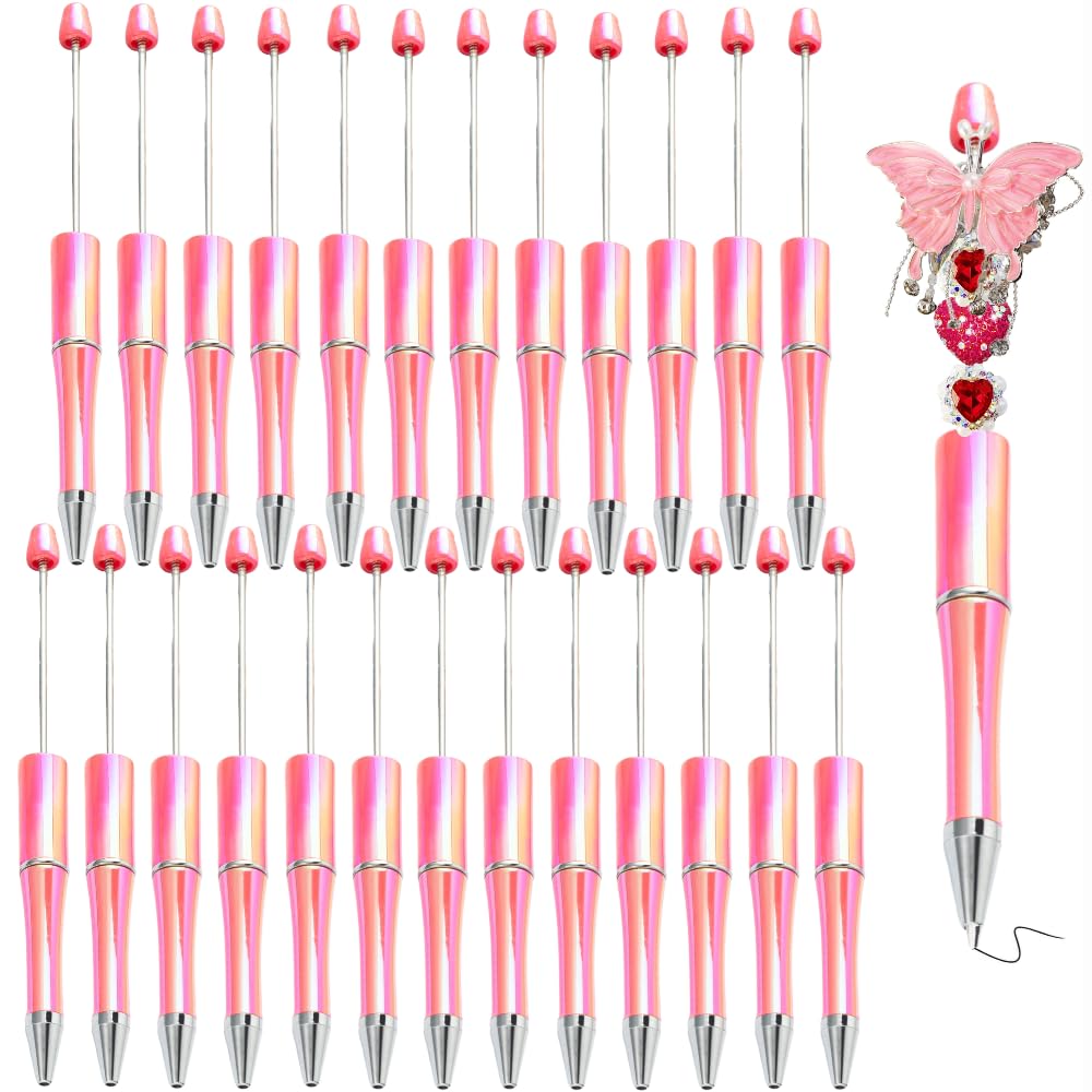 KUNHEHO Beadable Pens 25 Pcs Pink Gradient Colors Shiny Fancy Pens Bulk for Women Focal Beads Pens