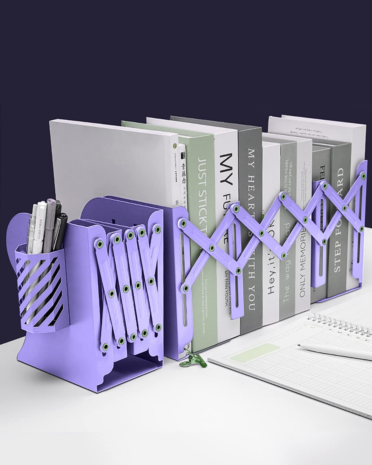 MSDADA Adjustable Bookends, Metal Book Ends for Heavy Books, Expandable Book Organizer with Pen