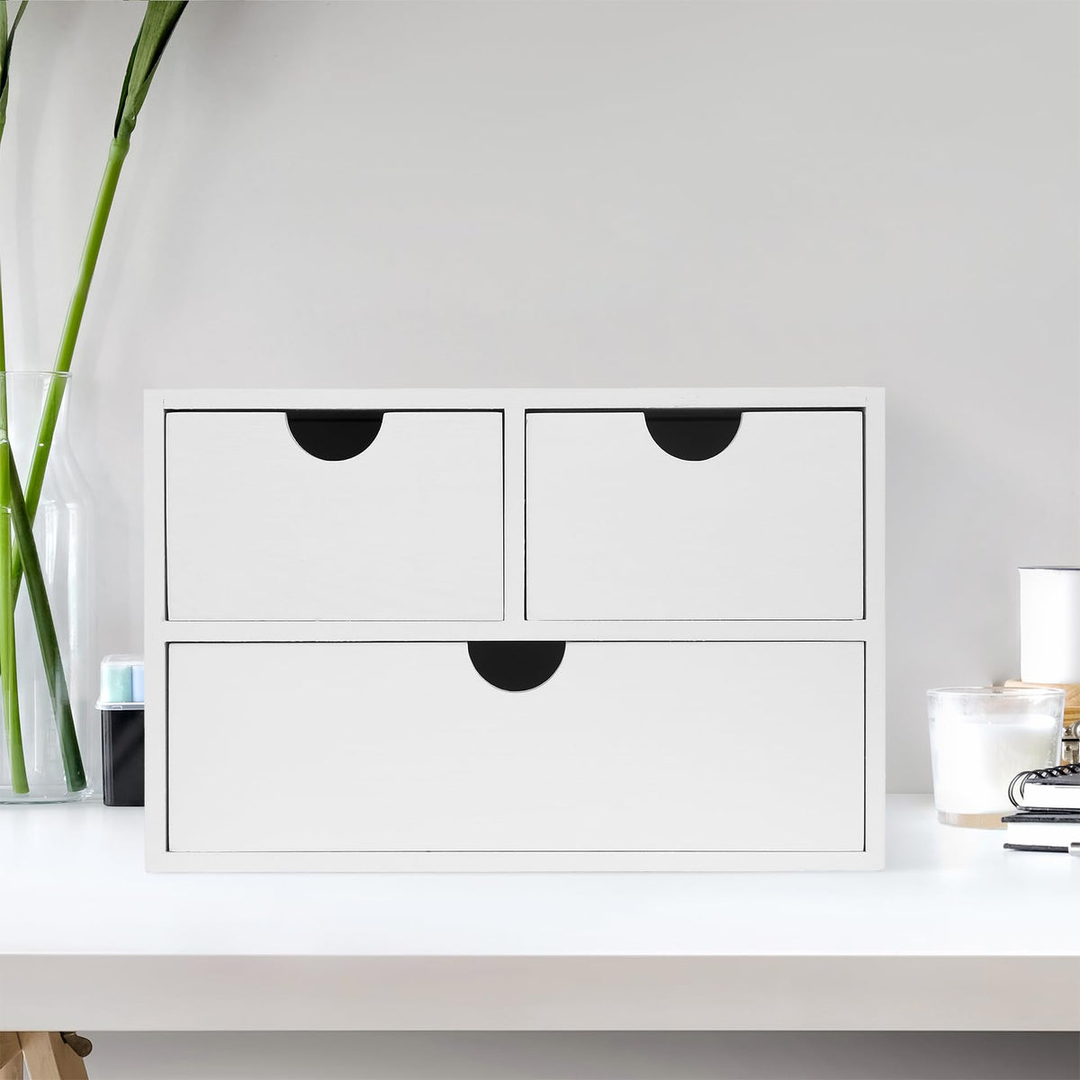 Rustic Distressed white 3-Tier Wood Desk Organizer with 3 Drawers Mini Storage Shelf For Desk