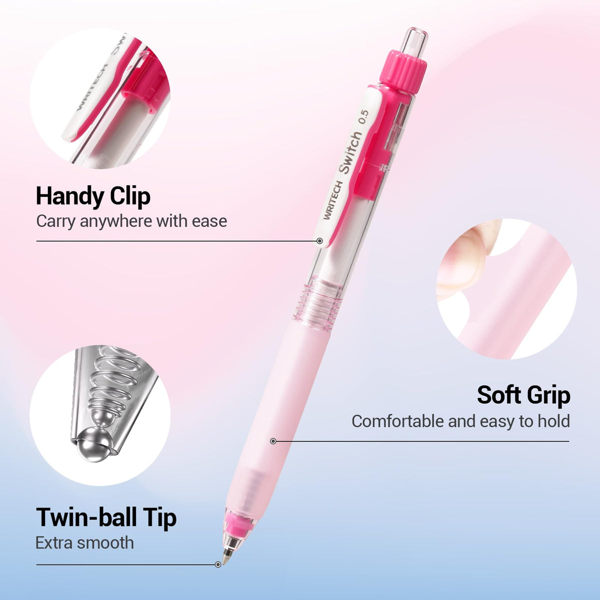 WRITECH Retractable Gel Ink Pens: 0.5mm Black-Ink Switch Between Silent and Clicky Soft Grip Fine