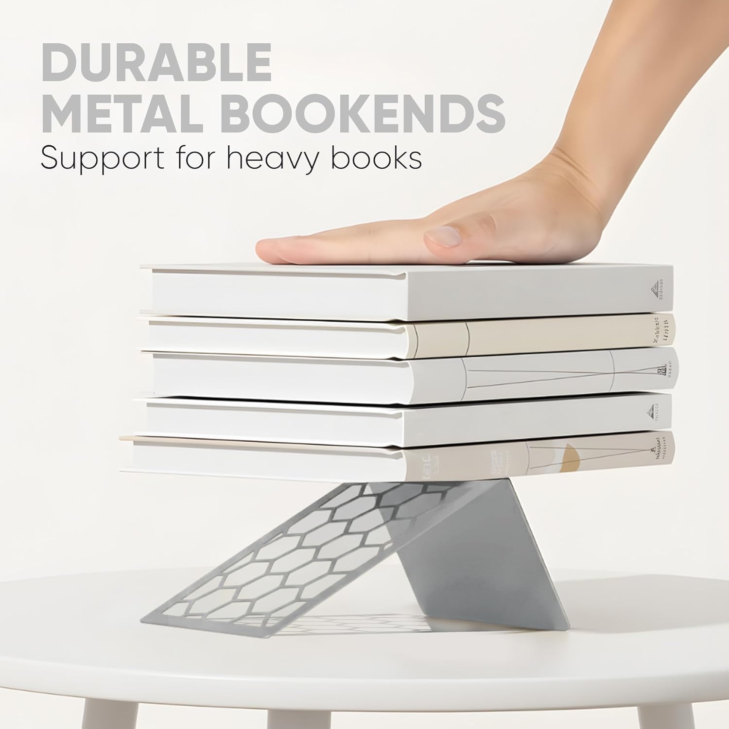 Gray Geometric Honeycomb Metal Bookends - Book Ends for Shelves - Decorative Modern Heavy Duty