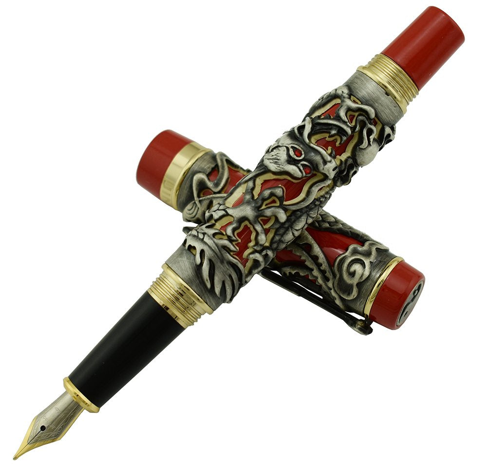 Jinhao Dragon Phoenix 3d Embossment Gray Red Fountain Pen Medium Nib Chinese Ruyi Clip Wooden Box