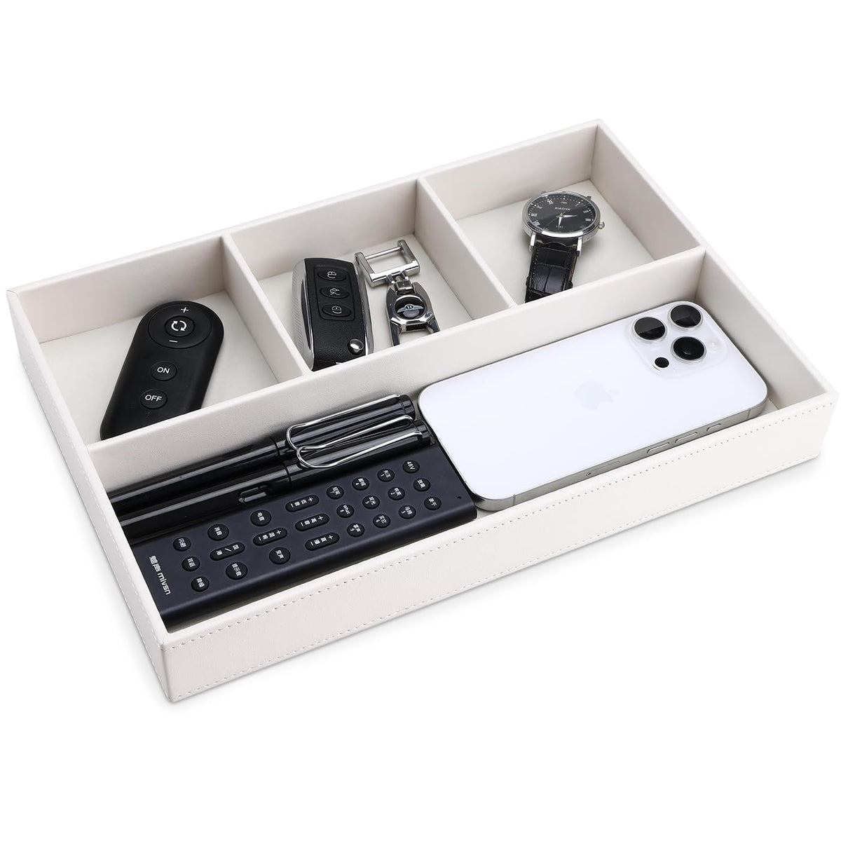 KINGFOM PU Leather Desk Drawer Organizer, 4 Compartment Office Supplies Stationery Storage Tray