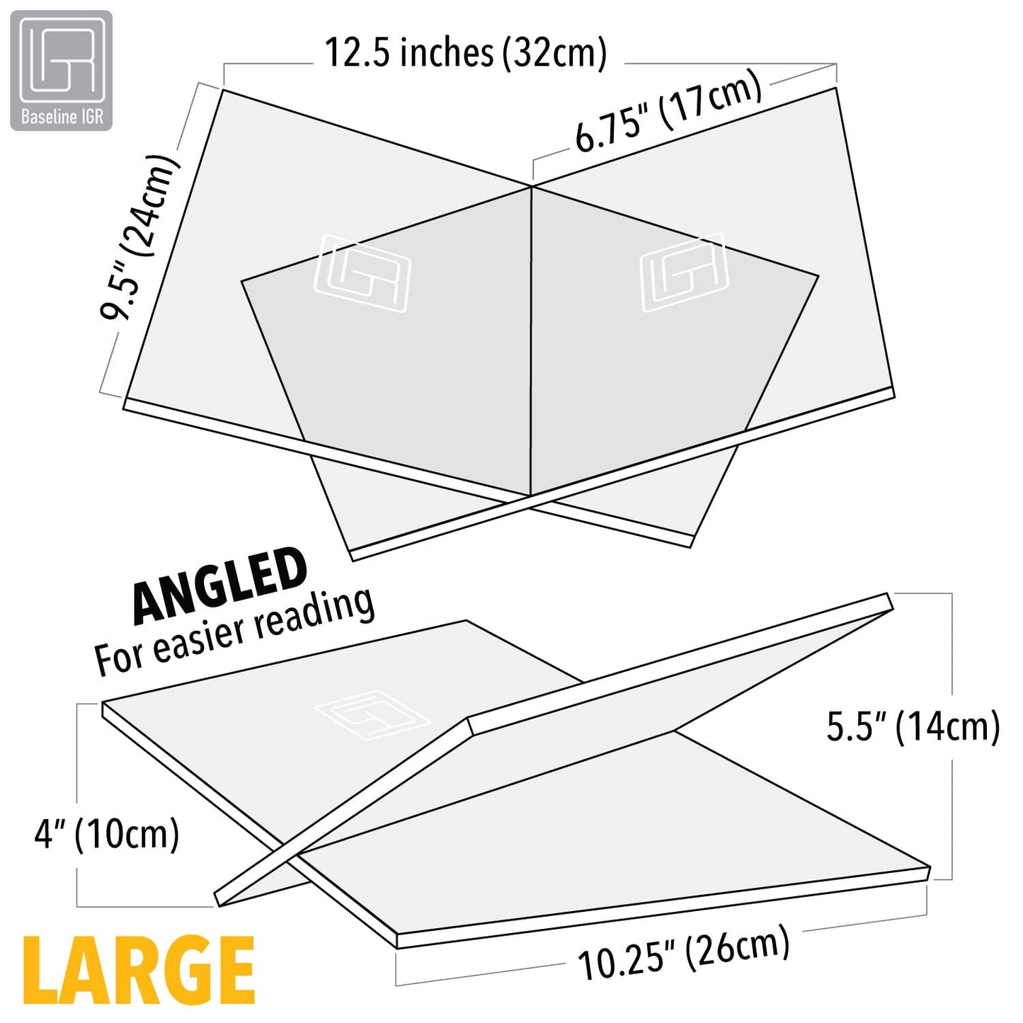 Baseline IGR Large Clear Acrylic Book Stand, 12.5" x 9.5" x 5.5”, Acrylic Book Holder, Open
