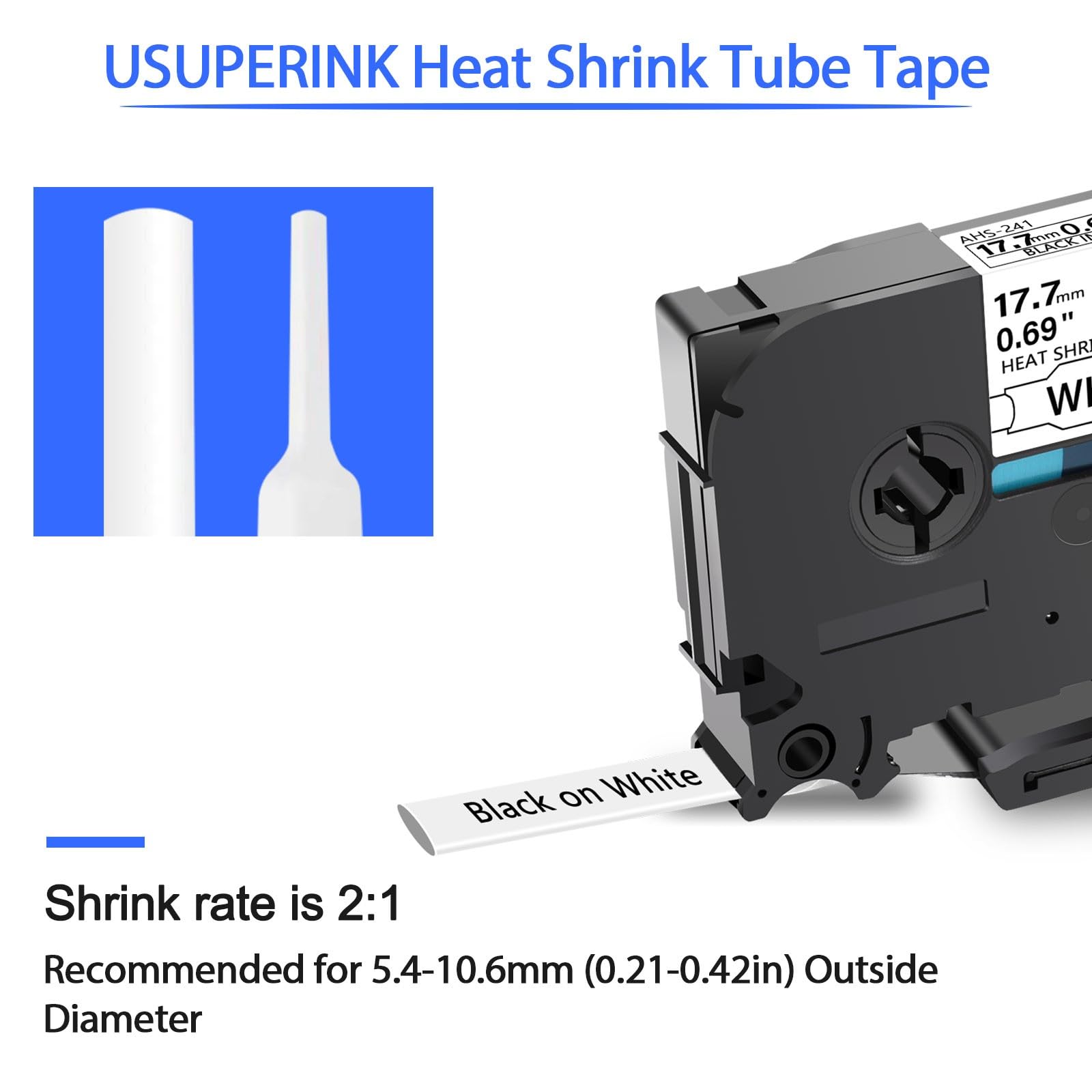 USUPERINK 2 Pack Compatible for Brother HSe-241 HSe241 HS-241 HS241 17.7mm Black on White Heat