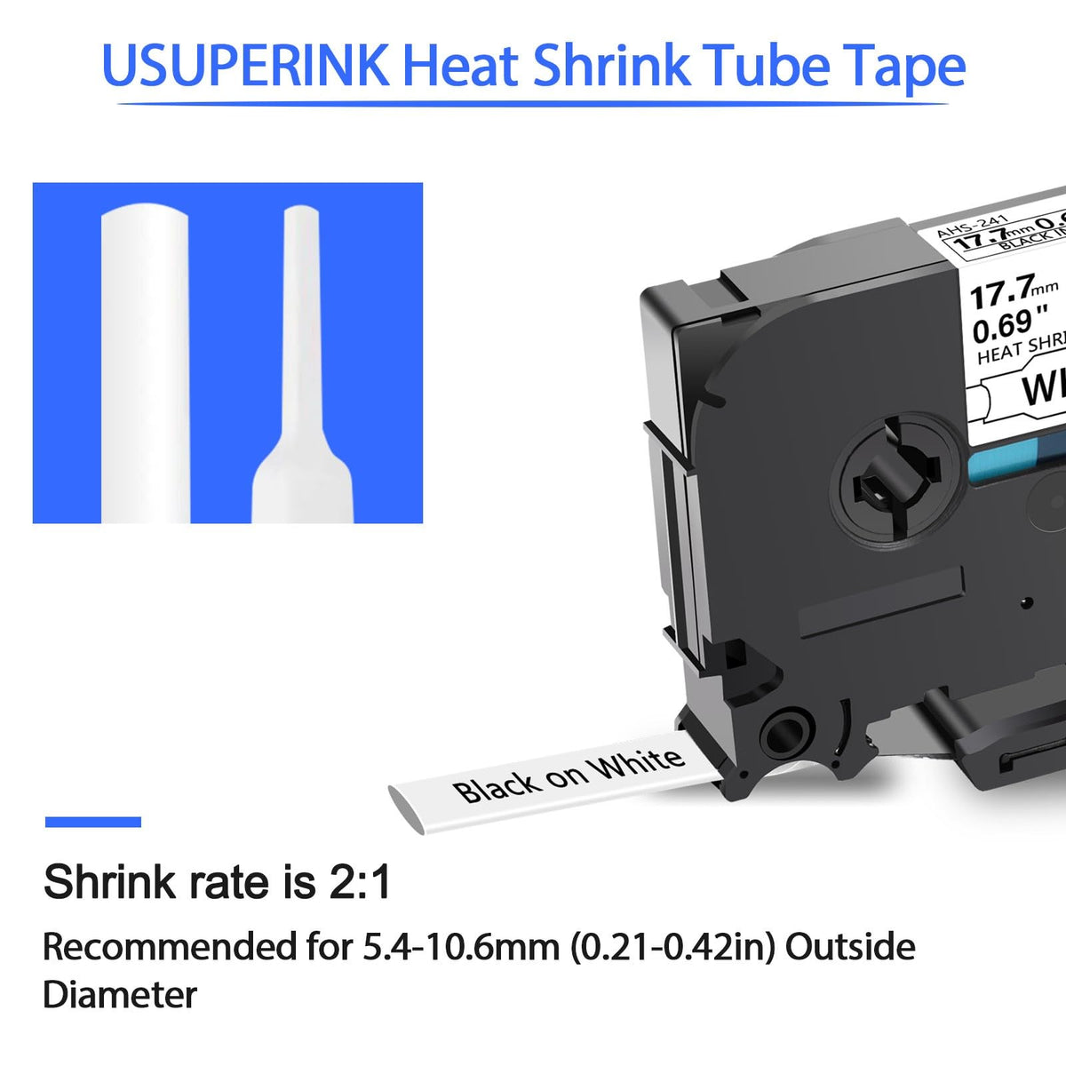 USUPERINK 3 Pack Compatible for Brother Ptouch HSe-241 HSe241 HS-241 HS241 Black on White 17.7mm