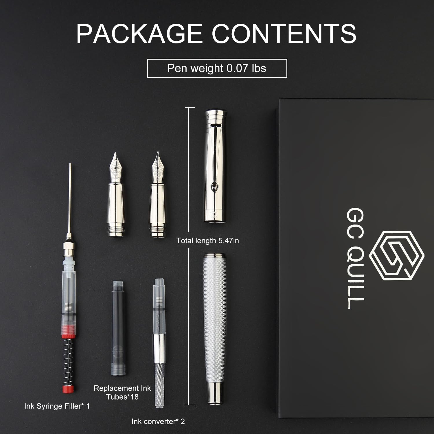 GC QUILL Fancy Fountain Pen Set – Fine and Medium Nibs, 18 Ink Cartridges, Ink Converter, Syringe
