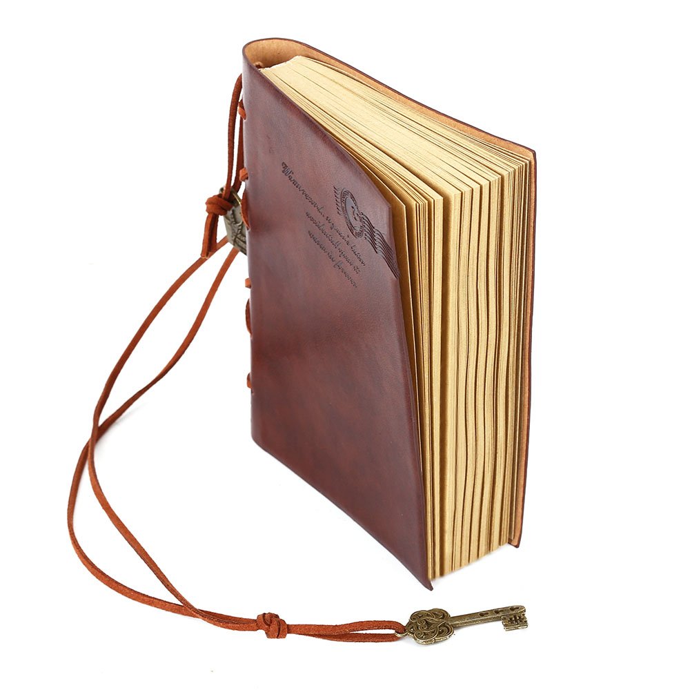 EvZ Classic Vintage Leather Writing Journal Notebook - Unique Key Bound Retro Diary, Blank Kraft