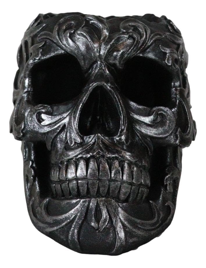 Ebros Gift Set Of 2 Tribal Tattoo Floral Skull Pen Holder Figurine 5.75" L Office Desktop Ossuary