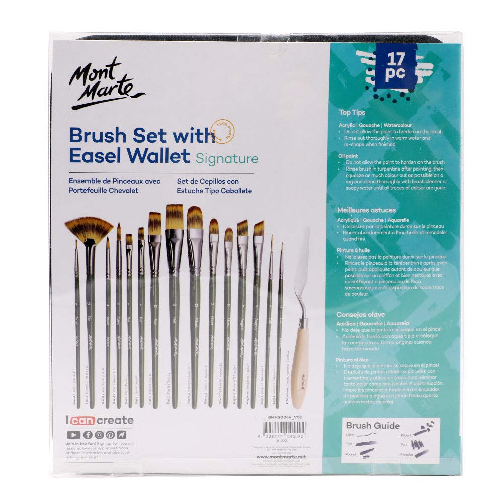 Mont Marte Signature Brush Set with Wallet, 17 Piece, Suitable for Oil, Acrylic, Watercolor and