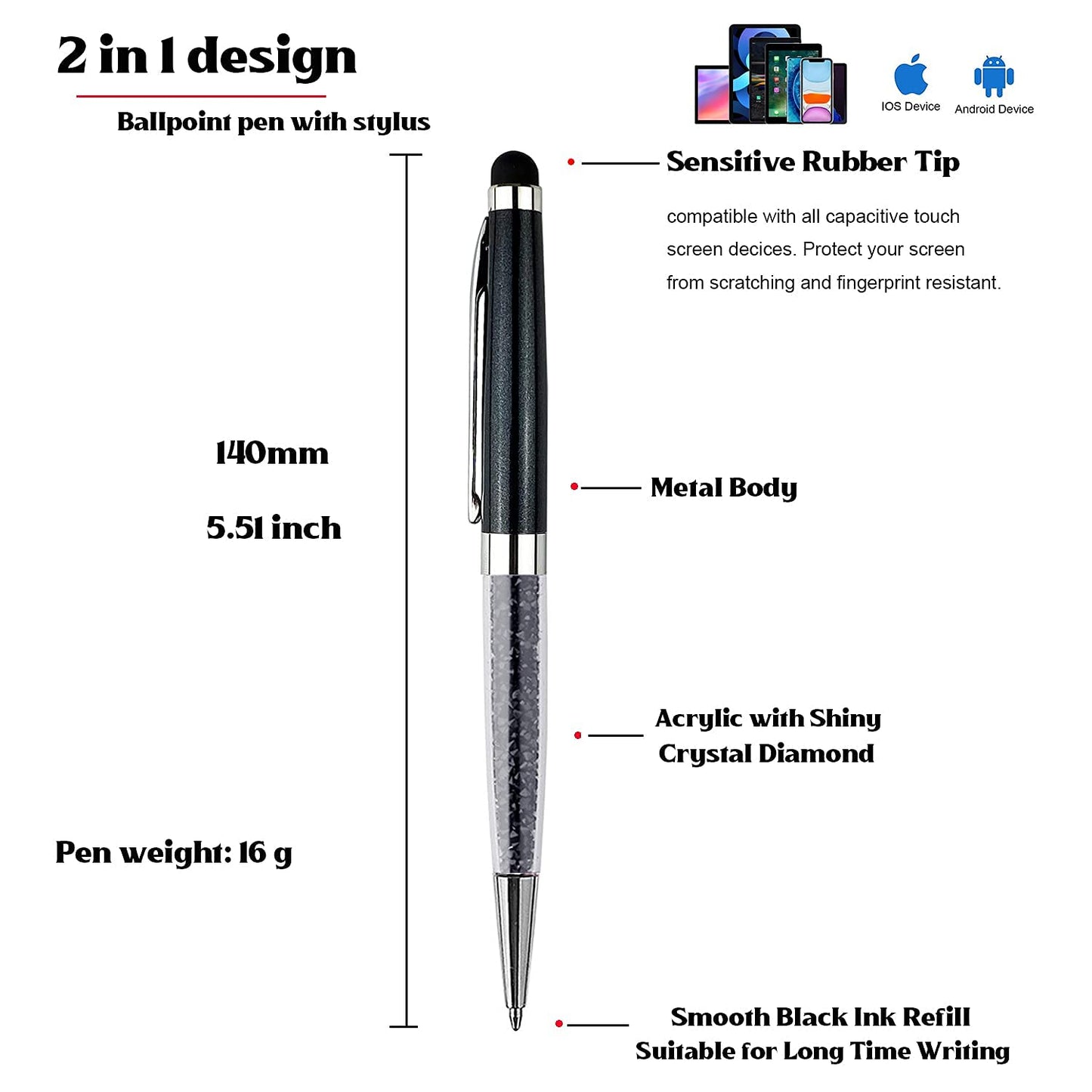 Ancolo Personalized Ballpoint Pens with Stylus Tip Stylish Crystal Pens