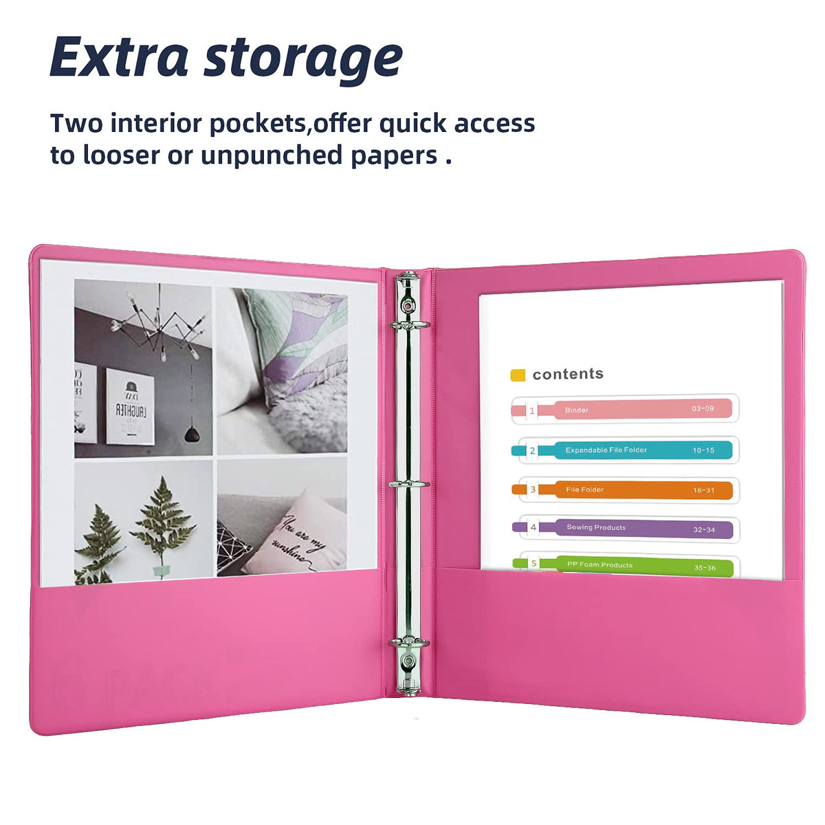 3 Ring Binders,1” Round Ring, Holds 8.5 * 11inch Papers, with 2 Pockets,6 Colors Binder Assorted