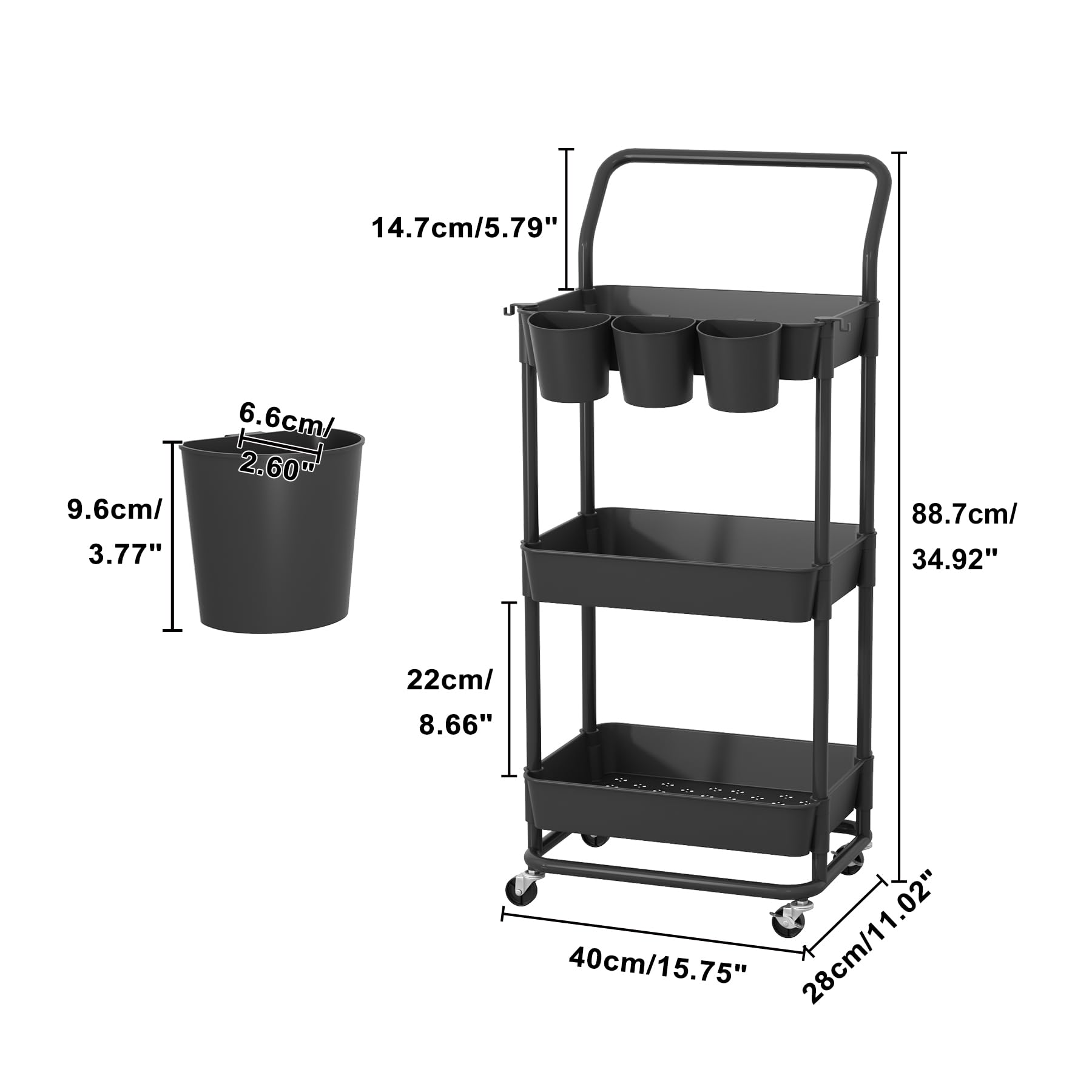 Buzowruil 3-Tier Rolling Utility Cart, Storage Cart with Handle Multi-Purpose and Locking