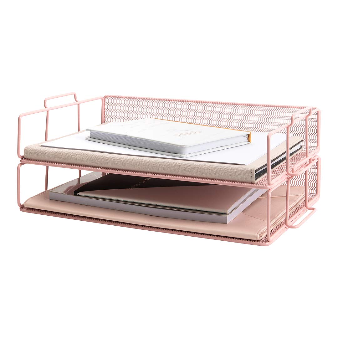 BLU MONACO | Paper Tray Stackable Pink Mesh Set of 2 | Stackable File Trays for Desk Organization |